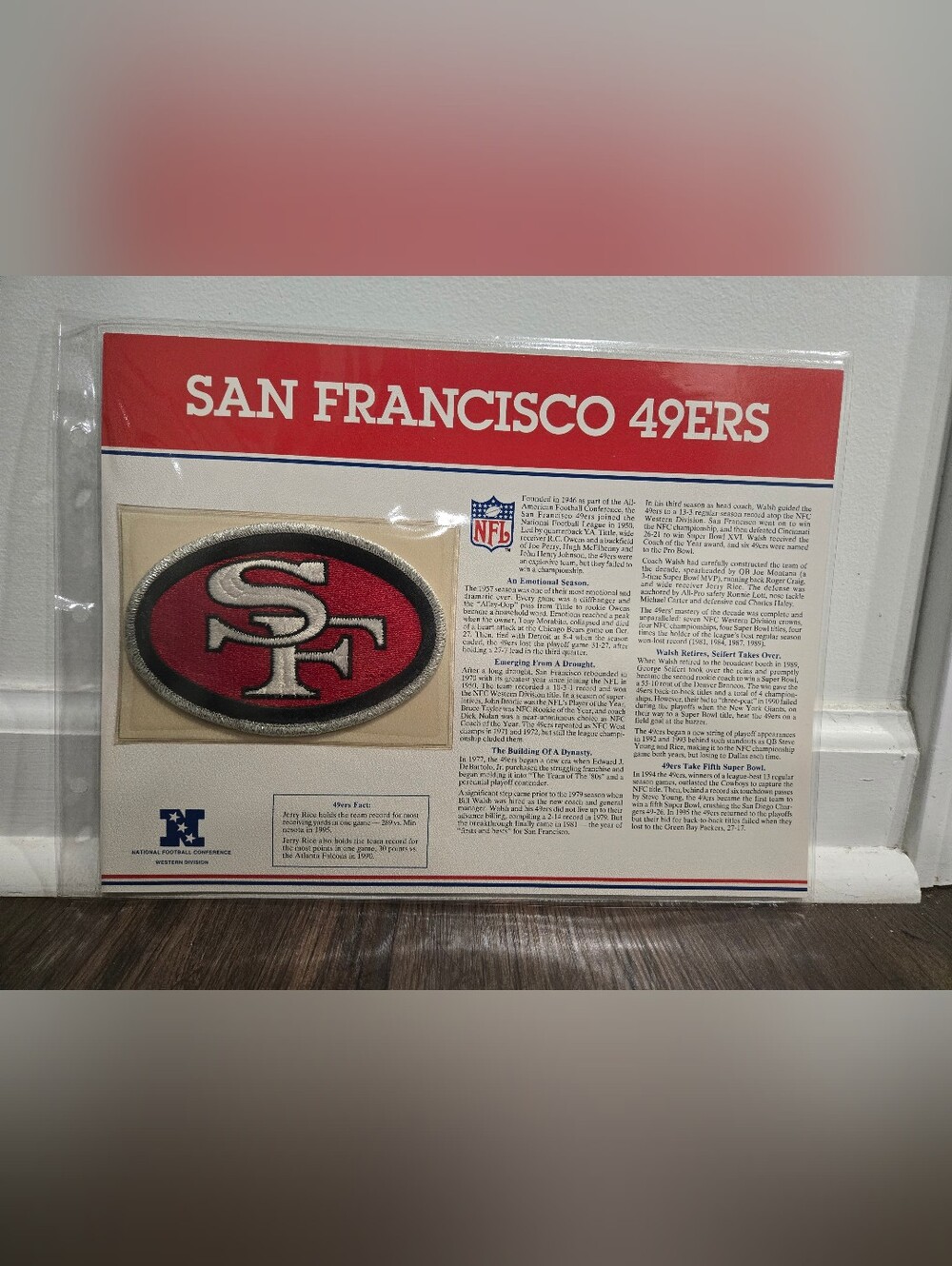 Vintage NFL 1995 San Francisco 49ers Iron On Patch With Info Card